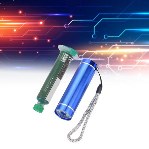 Green oil tube and UV curing lamp from BGA Reball Stencil Solder Mask Kit With UV Curing Lamp For PCB Repair And Prototyping Boards