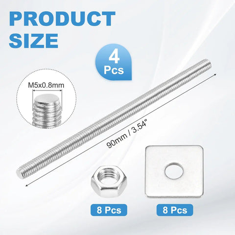 4 Pack M5x90mm Fully Threaded Rods Bar Studs Stainless Steel 304 With Nuts And Square Washers Right Hand Threads
