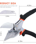 LeafLux Miter Shears for wood trim with adjustable 45–135° angle; metal blades and black ergonomic handles (side view)