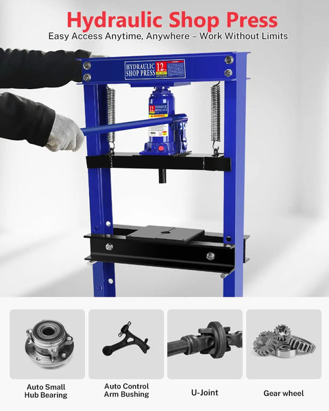 Badass 12 Ton Hydraulic Shop Press Workhorse With Adjustable Height and Sliding Plates in a garage setting for automotive repairs.