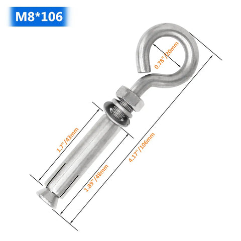 Diagram of Beefy Heavy Duty 304 Stainless Steel Expansion Eyebolt Set For Concrete Walls Five Sixteenths By Four And Three Sixteenths Inch size.