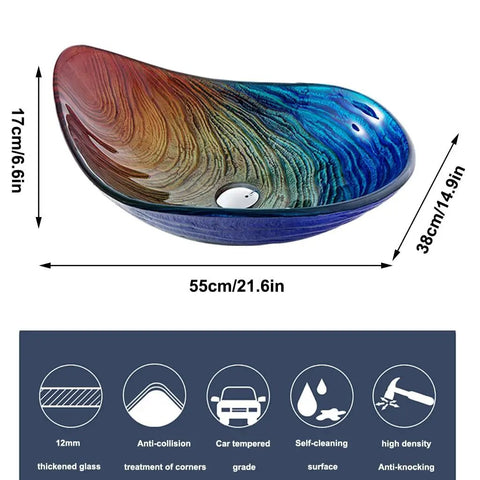 Slick Tempered Glass Vessel Bowls With Clean Striped Oval Shape For Your Modern Bathroom Vanity Counter Setup No Faucet Included showing colorful design and dimensions.