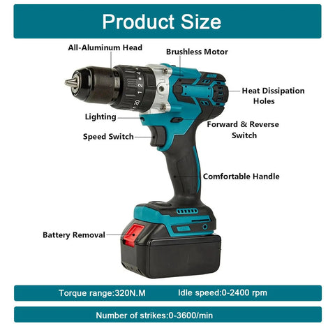 Heavy Workhorse Cordless Hammer Drill Set With Two 1500 Mah Batteries For Tough DIY Projects Featuring Dual Speed Chuck and Brushless Motor.
