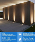 8 Pack Dope Bright 12W LED Well Lights illuminating a modern outdoor wall, showcasing their black in-ground path lights and IP67 waterproof rating.