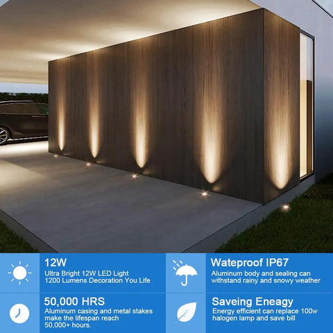 8 Pack Dope Bright 12W LED Well Lights illuminating a modern outdoor wall, showcasing their black in-ground path lights and IP67 waterproof rating.