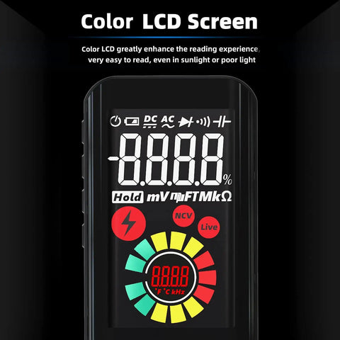 Smart Digital Multimeter With Color LCD Display 6000 Counts Auto Range Rechargeable Battery screen illustrating symbols