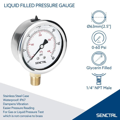 Image of 60 Psi Glycerin Filled Low Pressure Gauge with 2.5 Inch Dial and a One Quarter Inch NPT Lower Mount in a built tough 304 Stainless Steel Case for pool sand filter water pump tire water oil and air pressure testing, showing front view with brass connection and labeled features.