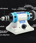 Heavy Duty Benchtop Table Saw With Rip Through Power For Wood And Metal, non-slip feet and switch features visible.