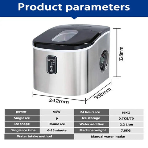 Heavy Duty Stainless Steel Ice Maker Churning Out Fifteen Kilograms Rapid Clear Ice For Compact Countertop Setup with ice parameters.