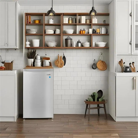 Top Notch 3 Cubic Ft Compact Upright Freezer Fingerprint Resistant Stainless Steel Finish in modern kitchen setting.