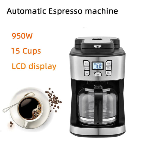 Compact 2 In 1 Espresso And Drip Coffee Maker With Built In Grinder Semi Automatic Brewing Setup, 15 cups, 950W with LCD display.