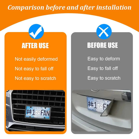 Comparison image showing benefits of Stainless Steel License Plate Bracket Kit For Front Bumper Built To Last Universal Car Tag Mount