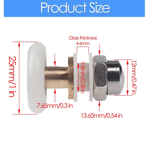 Score These Bad Boy Shower Door Rollers Replacement Kit, measuring 25mm, with brass shaft and white plastic wheel for sliding doors.