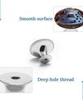 Upgrade Your Space With These Dang Good Quality Round Cabinet Knobs And Smooth Handles Built Tough From Solid Stainless Steel Featuring A Tight Grip And Sleek Look For Kitchen Drawers And Furniture Doors. Close-up of round stainless steel cabinet knob with smooth surface and deep hole thread.