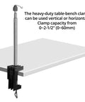 Heavy Duty Adjustable Rotary Tool Stand With Telescopic Flex Shaft Mount And Beast Mode Bench Clamp shown with durable table clamp.