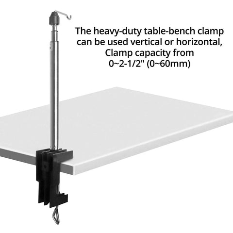 Heavy Duty Adjustable Rotary Tool Stand With Telescopic Flex Shaft Mount And Beast Mode Bench Clamp shown with durable table clamp.