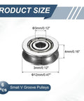 Six Pack Small V Groove Pulleys 3x12x4mm Aluminum Alloy Miniature Pulleys with dimensions shown for rail track use