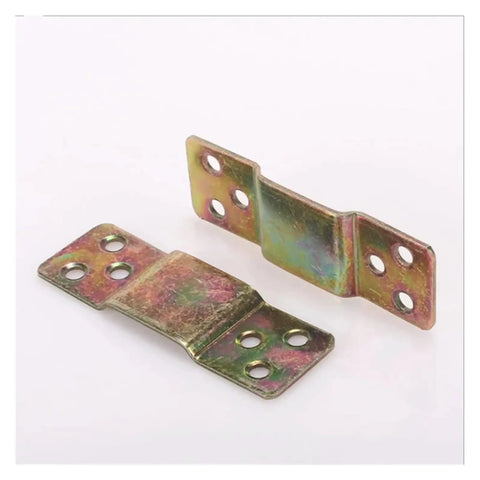 Heavy Duty Bed Hinges With Plug In Furniture Connectors Built Tough For Long Lasting Support And Dead Simple Tool Free Setup Includes 4 Pair Premium Metal Fasteners For Couches And Beds, showing gold metal fasteners.