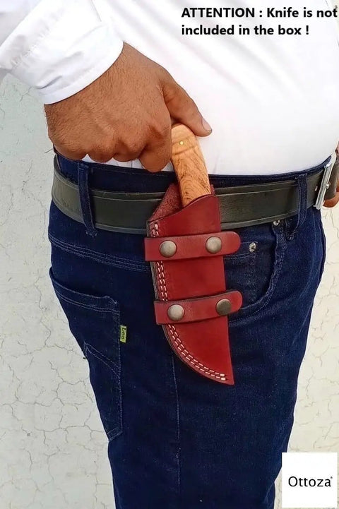 Person wearing Top Grain Leather Knife Sheath For Fixed Blade Knives Belt Carry Dual Orientation Vertical And Horizontal Left Hand Friendly Handcrafted Holster For 5 Inch Blades Up To 1.5 Inch Wide Durable Everyday Carry Ready.