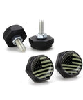 Top Shelf Pack Of Four License Plate Screws With A Badass American Flag Etched On Rust Proof Aluminum Alloy For Cars Trucks And Motorcycles Heavy Duty Slick Finish. Close-up of heavy-duty black hex screws with flag detail.