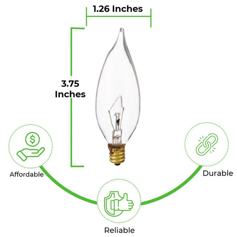 Candle-shaped clear light bulb with measurements, highlighting affordability, durability, and reliability