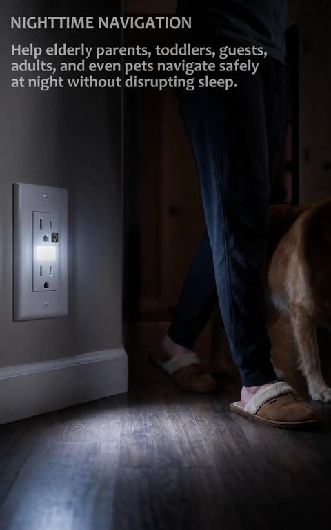 Wall Outlet With Night Light 10 Pack White, Frees Up Every Outlet With Built-In LED Night Lights in hallway with person walking