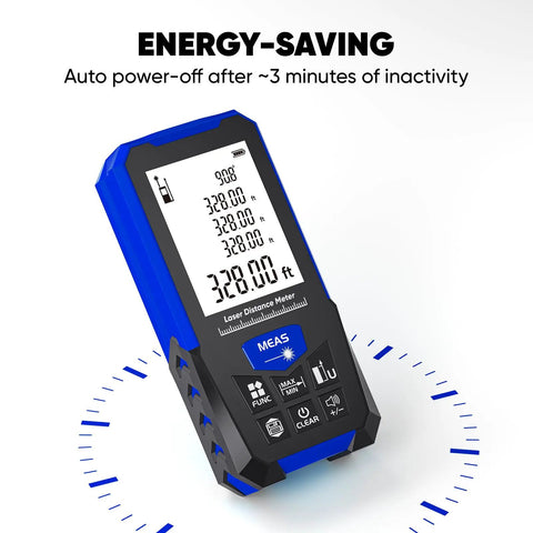 Pro Grade Laser Distance Meter 328ft with Dual Bubble Levels for Easy Indoor Outdoor Measuring, Perfect for Area, Volume and Pythagoras Calculations, Long Range Tool with Battery Included; blue handheld meter