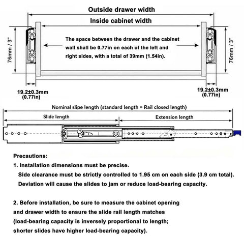 Heavy Duty 500 Lb Side Mount Drawer Slides For Industrial Cabinets With Locking Mechanism, 76mm Wide, Pair Included, Non Detachable Design, 0.77 Inch Clearance On Each Side For Smooth, Solid Drawer Operation. Dimension diagram for side-mount drawer slides