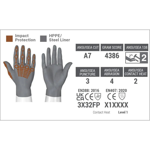 Chart showing specifications for Cut-Resistant Leather Work Gloves With Impact Protection, Chrome SLT Series 4067, Large, Buffalo Skin Exterior.
