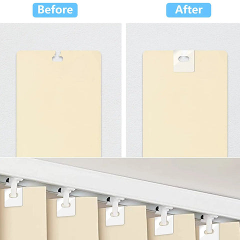 Before and after image showing 25 Pair Clear Vertical Blind Repair Tabs For Snapping Back Torn Slats Top Shelf Pvc Replacement Clips.
