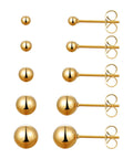 Ball Stud Earrings For Women And Men 316L Stainless Steel Hypoallergenic Jewelry Set Lead Free And Nickel Free 3 To 7mm Sizes 5 Pairs Everyday Lightweight Comfort gold ball studs shown in 3-7mm sizes