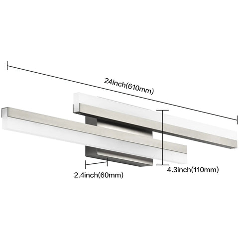 24 Inch Vanity Light Bar In Brushed Nickel Over Mirror LED Modern Bath Lighting Dimmable Fixture With Smooth 10 To 100 Percent Dimming