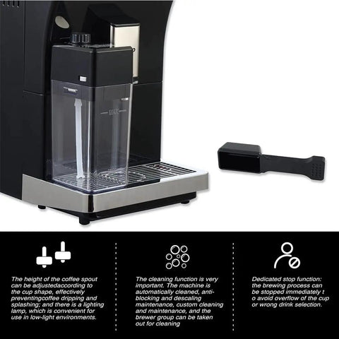 Top Shelf Fully Automatic Espresso Coffee Maker With Integrated Milk Frother Precision Bean Grinder And One Touch Operation For No Sweat Slick Daily Brewing At Home side view showing adjustable coffee spout and cleaning features.