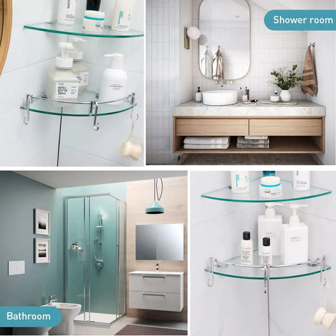 Glass Shower Shelves Three Tier Corner Organizer With Hangers in a bathroom setting, stainless steel and glass design.