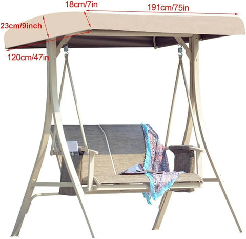 Outdoor Swing Canopy Replacement Top Cover For 3 Seater Patio Swing Universal 191x120x18 Cm, shown on a beige swing.