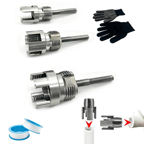 3 In 1 PVC Pipe Threader Kit With Dual Internal And External Threading Drill Powered Easy Cut Tool Set For 1/2 3/4 And 1 Inch Pipes with gloves.