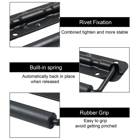 Detailed view of Two Piece Black Spring Loaded Case Handles With Rubber Grip, highlighting rivet fixation and built-in spring.