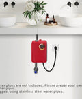 Compact Wall Mounted Tankless Electric Water Heater Featuring A Top Shelf 3000W Instant Hot On Demand Setup for bathroom use.