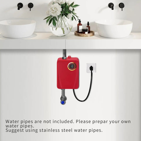 Compact Wall Mounted Tankless Electric Water Heater Featuring A Top Shelf 3000W Instant Hot On Demand Setup for bathroom use.