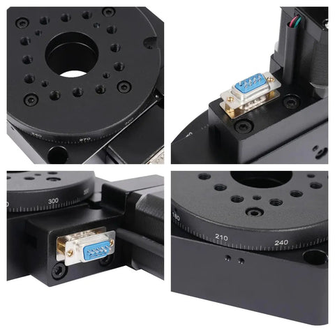 Close-up of High Precision Electric Rotating Platform With 100mm Diameter Table Motorized Rotation Stage Worm Gear Drive