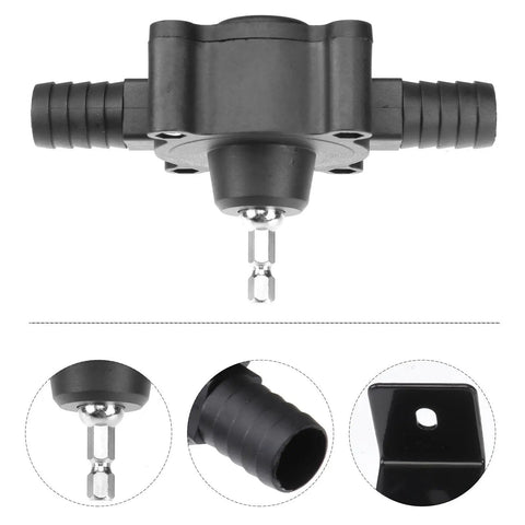 Professional Self Priming Electric Drill Water Pump For No Sweat Liquid Transfer And Portable Handheld System With Slick Engineering For Straight Up Fresh Water Oil Flow, close-up view of pump connector.