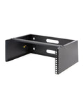 Heavy Duty 4U Wall Mount Network Rack Featuring No Sweat Assembly For Shallow Servers Switches And Patch Panels With Clean Cable Clearance and Rock Solid 44 Pound Hold In Matte Black, side view.