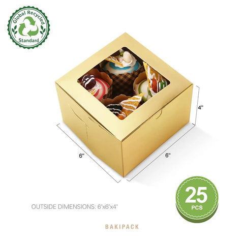 Next Level Gold Bakery Boxes With Crisp Clear Window 25 Pack 6X6X4 Inches Cake Containers For Cupcakes Desserts Cookies Party Favors Sweet Treat Gift Packaging