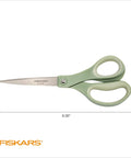 Eight Inch Comfort Grip Titanium Multipurpose Scissors With Ergonomic Handles For Everyday Cutting Tasks Perfect For Home Office DIY Projects Multicolor 3 Pack showing green handle and blade measurements.