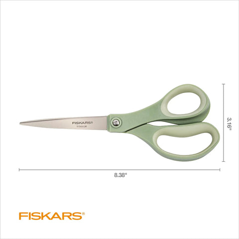 Eight Inch Comfort Grip Titanium Multipurpose Scissors With Ergonomic Handles For Everyday Cutting Tasks Perfect For Home Office DIY Projects Multicolor 3 Pack showing green handle and blade measurements.