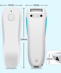Front and back view of Pocket Sized Wireless Barcode Scanner Bluetooth 1D 2D Reader For POS under 3 ounces with dimensions shown