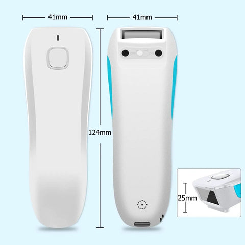 Front and back view of Pocket Sized Wireless Barcode Scanner Bluetooth 1D 2D Reader For POS under 3 ounces with dimensions shown