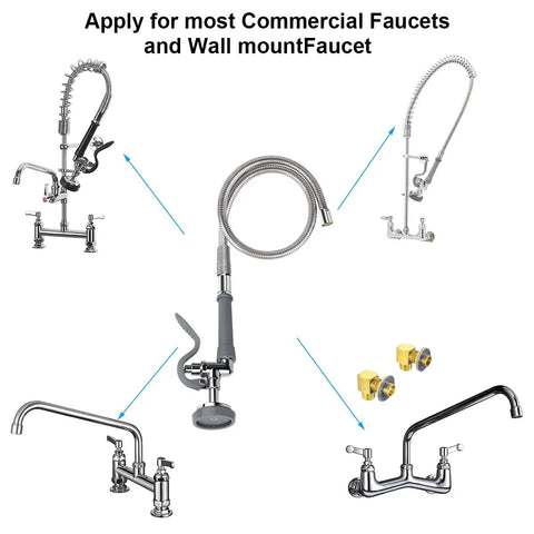 Pro Grade Commercial Sink Sprayer Kit With 45 Inch Flexible Stainless Steel Hose, arranged with faucet options