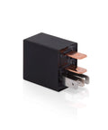 Heavy Duty 12V 30A SPDT 5 Pin Relay Kit Pack of 2 with solid welded terminals, close-up of single relay showing pins and black casing.
