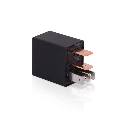 Heavy Duty 12V 30A SPDT 5 Pin Relay Kit Pack of 2 with solid welded terminals, close-up of single relay showing pins and black casing.